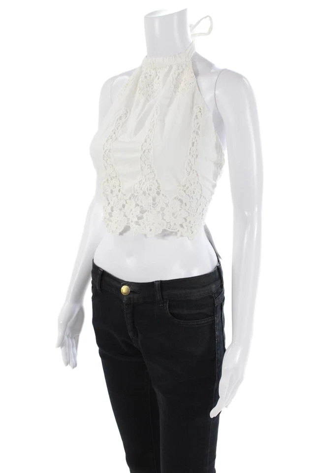 Miguelina Womens Cotton Floral Lace Halter Neck Crop Top Solid White Size XS - Image 2 of 4