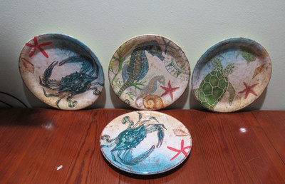  PIER 1 9'' MELAMINE NAUTICAL PLATES -SET OF 4 SPIKEY, SPEEDY, & CRABBY 