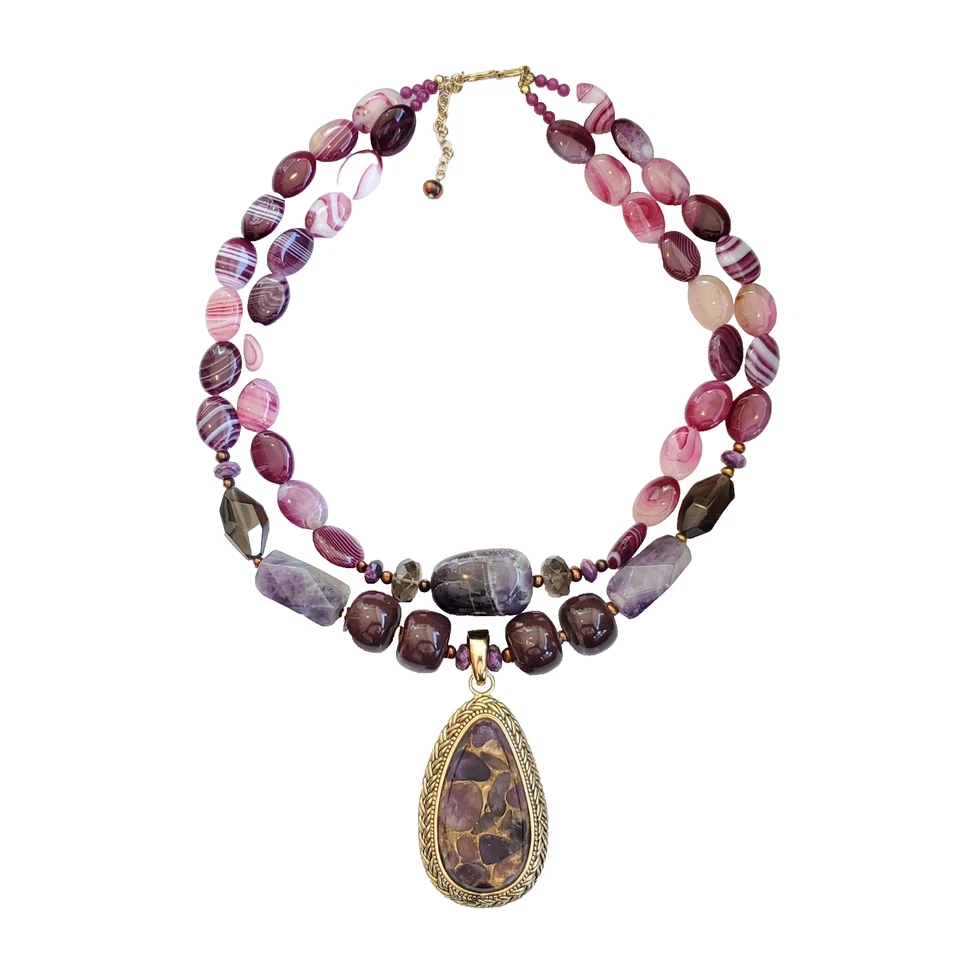 Барс золотистый бронзовый коренастый двойной прядь фиолетовый аметист подвеска ожерелье - Изображение 2 из 4