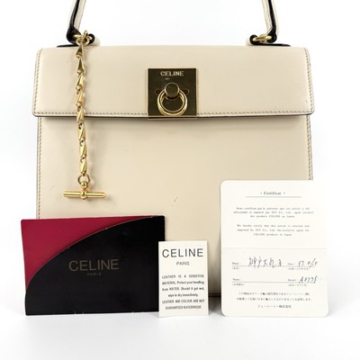 RARE CELINE Vintage Ivory Leather 2way Handbag Top Handle Shoulder Bag Authentic