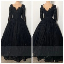 Gothic Black A Line Wedding Dress Lace Appliques V Neck Long Sleeves Bridal Gown
