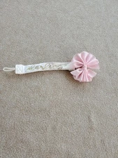 Baby Pacifier Clip Holder with Pink Fabric Flower Bow – “Darling” Embroidery...