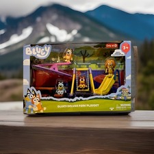 NEW BLUEY Deluxe Park Playset Playground  5 Figures Box A Bit Beat Up.