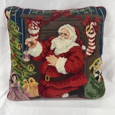 Vintage Wool Needlepoint Santa Throw Pillow Cotton Velvet Backing Zip Closure