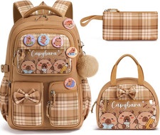 3-In-1 Capybara Backpack Set for School Girls with Lunch Box  Checkered Bow Wat