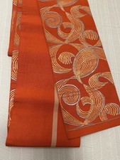 Japanese Orange Silk Brocade Obi Gold Blue Lines