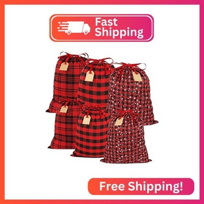 HRX Package Large Fabric Drawstring Gift Bags 20x16 16x12 inches, 6pcs Christmas