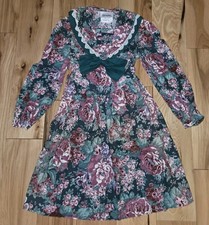 Vtg. Bonnie Jean New York Girls Sz. 7 Floral Ruffle Long Dress Green Pink Bow