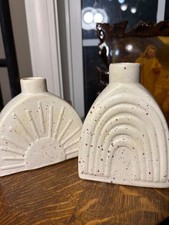 Contempory MCM Style Flower Vases (2) Cream with Mauve Accents