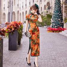 New Silk Long Chinese Style Qipao Silk Women's Yellow Short Sleeved Floral Dress