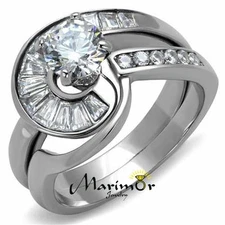 1.38 Ct Round & Bagguete Cz Stainless Steel Wedding Ring Set Women's Size 5-10