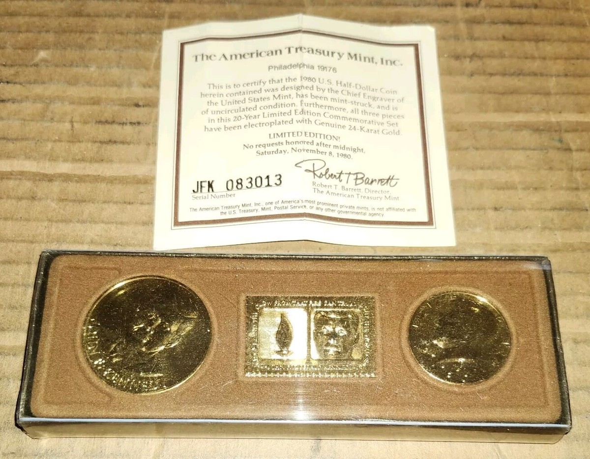 1980 Gold Plated John F. Kennedy Coin Set Half Dollar 3pc In Case