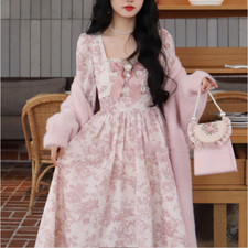 Women Girl Floral Chiffon Dress Bowknot Lace Trim Princess Sweet Chic Prom Party