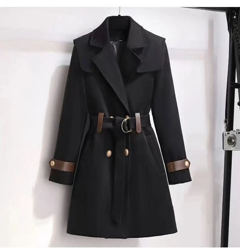 New Autumn Winter Wool Jacket Womens Clothing Coat Slim Fit Belt Elegant Outwear - Picture 9 of 18