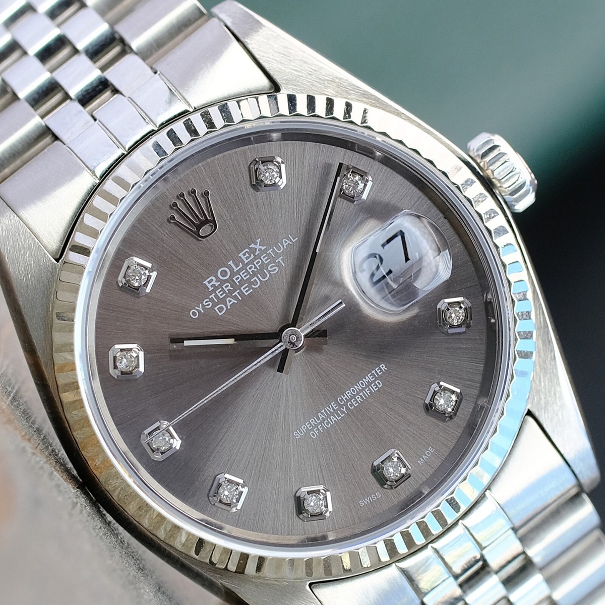 Rolex Datejust Mens Watch 18KW Fluted Bezel Grey Diamond Dial
