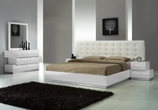 3Pc King Size Modern Bedroom Set, Bed Dresser & Mirror, White Lacquer Finish