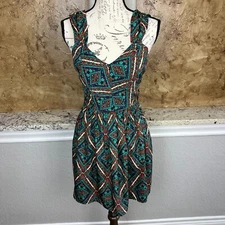 Band of Gypsies Dress Womens Small Mini Fit & Flare Boho Bohemian Pleated Green