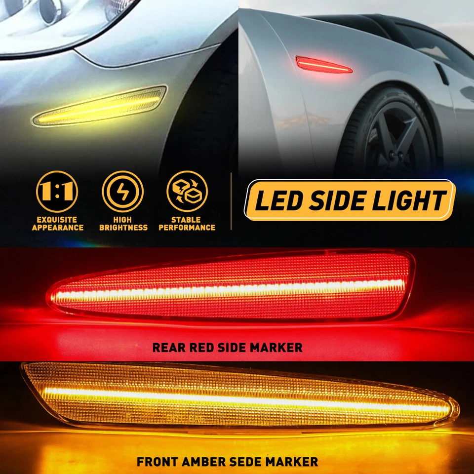 Luzes indicadoras laterais dianteiras e traseiras transparentes para Chevrolet Corvette C6 2005-2013 4 peças Y - Imagem 2 de 4