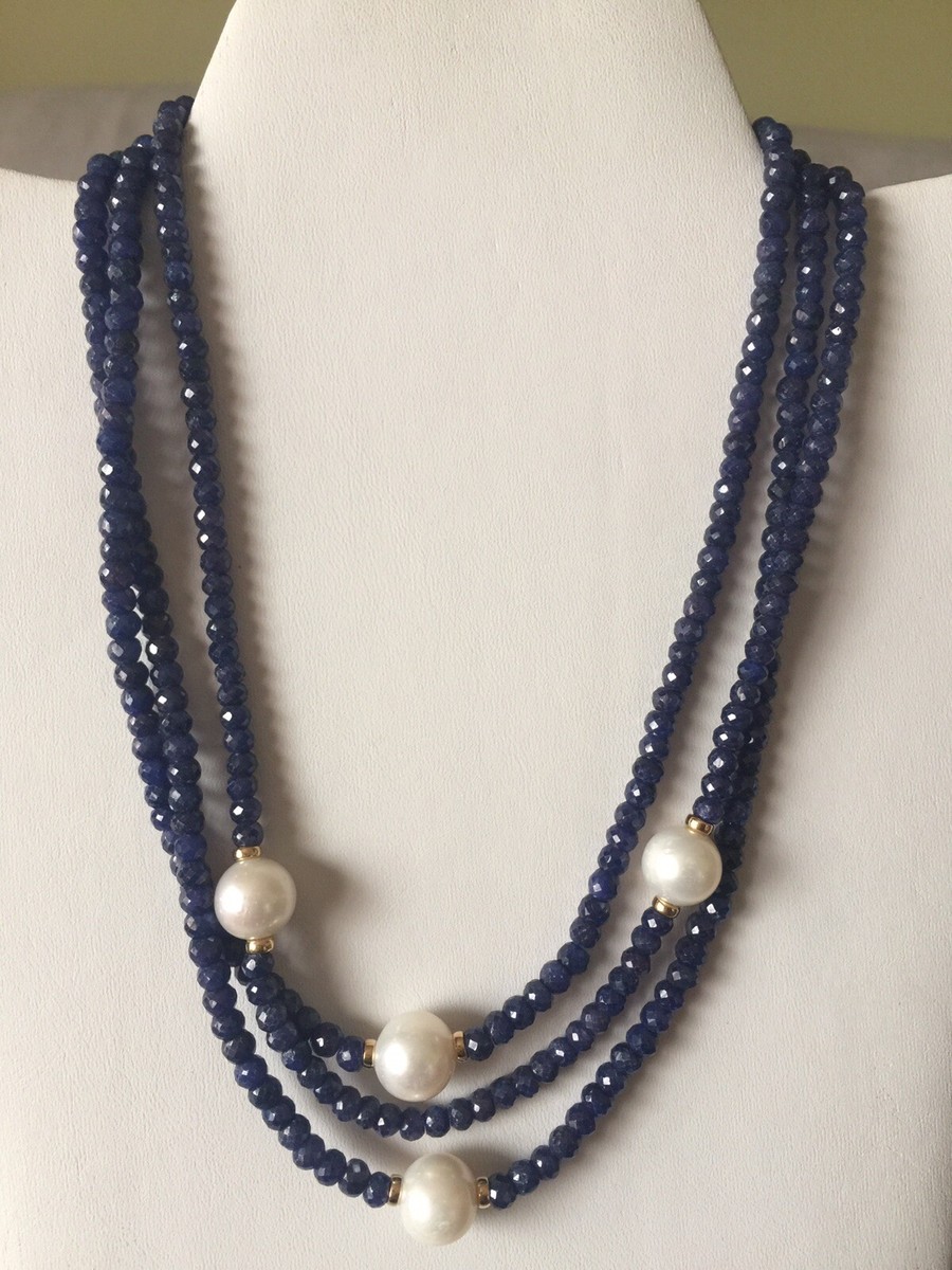 3-Strand Sapphire Necklace Pearl Spacers 14”-16” Long 14K Yellow