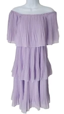 Tiered & Pleated Lilac Purple Tulip Dress Adjustable Off-Shoulder Women's LARGE