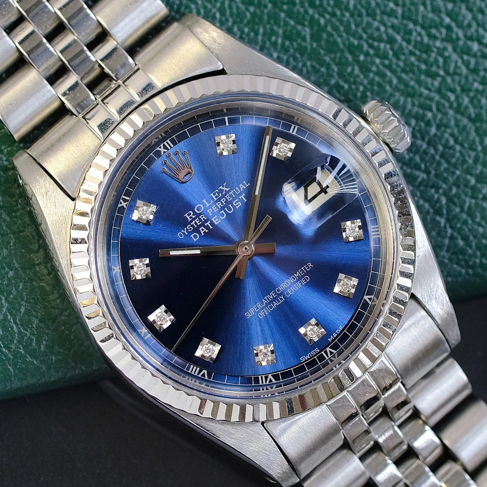 Rolex Mens Datejust SS Blue Diamond Dial White Gold Fluted Bezel 36mm Watch 1601