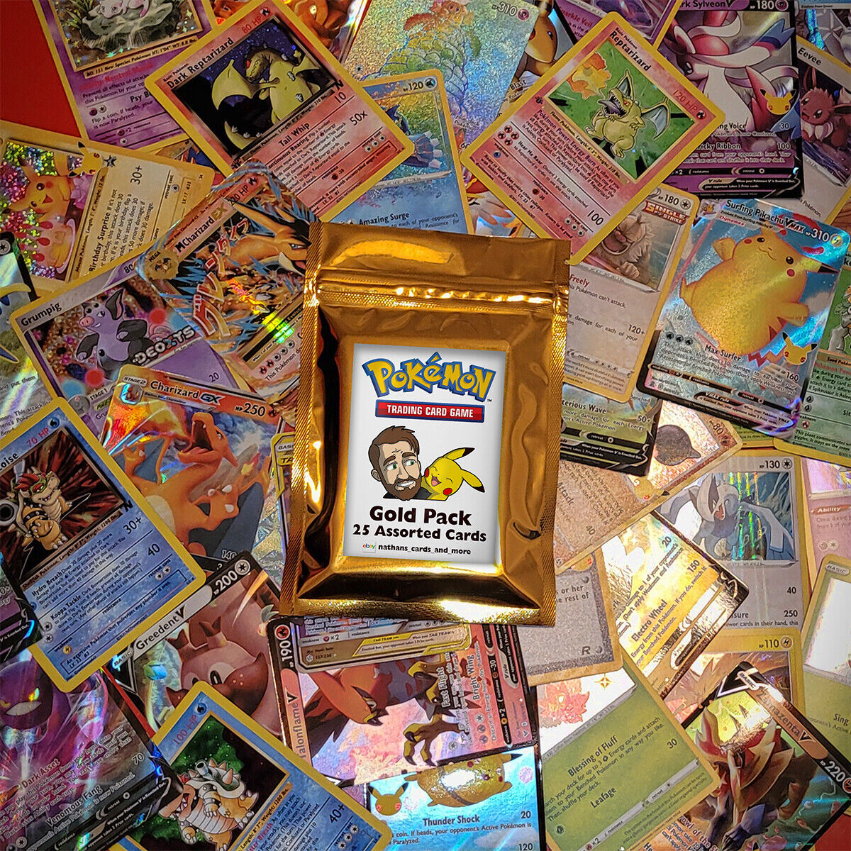 Pokémon Gold Pack 25 Official TCG Cards Including GX, EX, VMAX