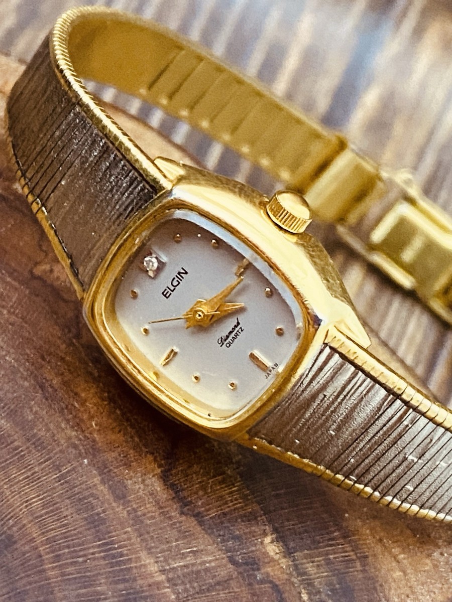Vintage Elgin Diamand Women's Quartz Watch Gold Plated #7776