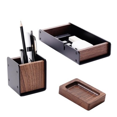 Walnut Desk Tray with Pen Holder Set, Solid Wooden Desk Drawer Organizer for ...