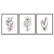 Boho Botanical Prints, Set of 3, Gallery Wall Art, Blush Pink Wild Flowers, A...