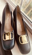 Salvatore Ferragamo Black Leather Gold Logo Block Heel Pumps Square Toe 8.5 AAA