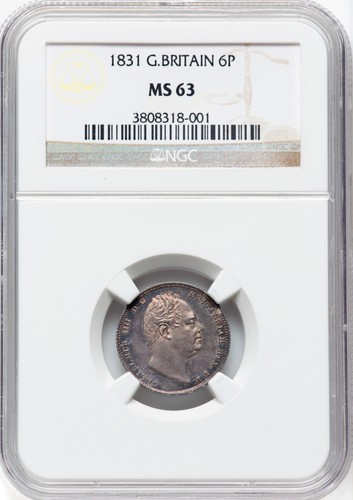 ENGLAND WILLIAM IV 1831 SIXPENCE SILVER COIN, UNCIRCULATED CERTIFIED NGC MS63