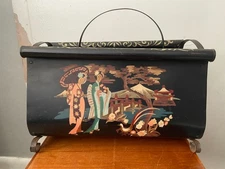 Vintage MCM Black Toleware Japanese Geisha Hand Painted Magazine Rack Holder