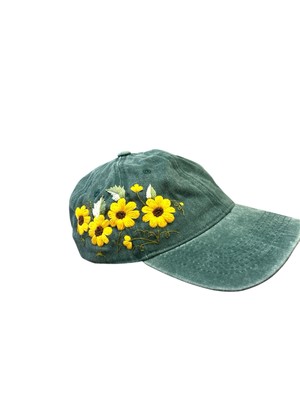 Hand Embroidered Baseball Cap Floral Design Cotton Adjustable Hat.