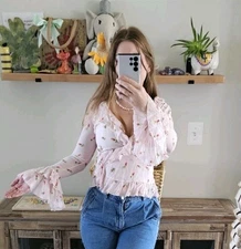 Moda International XS Blouse 100% Silk Pink Floral Ruffle Boho Cottagecore Top