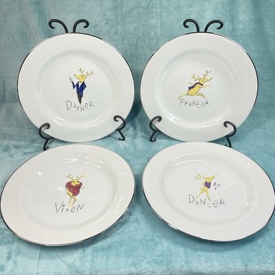 Pottery Barn Reindeer Dinner Plates Set of 4 Dasher Dancer Prancer Vixen RETIRED
