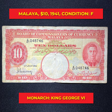Malaya 10 Dollars Banknote, 1941, King George VI
