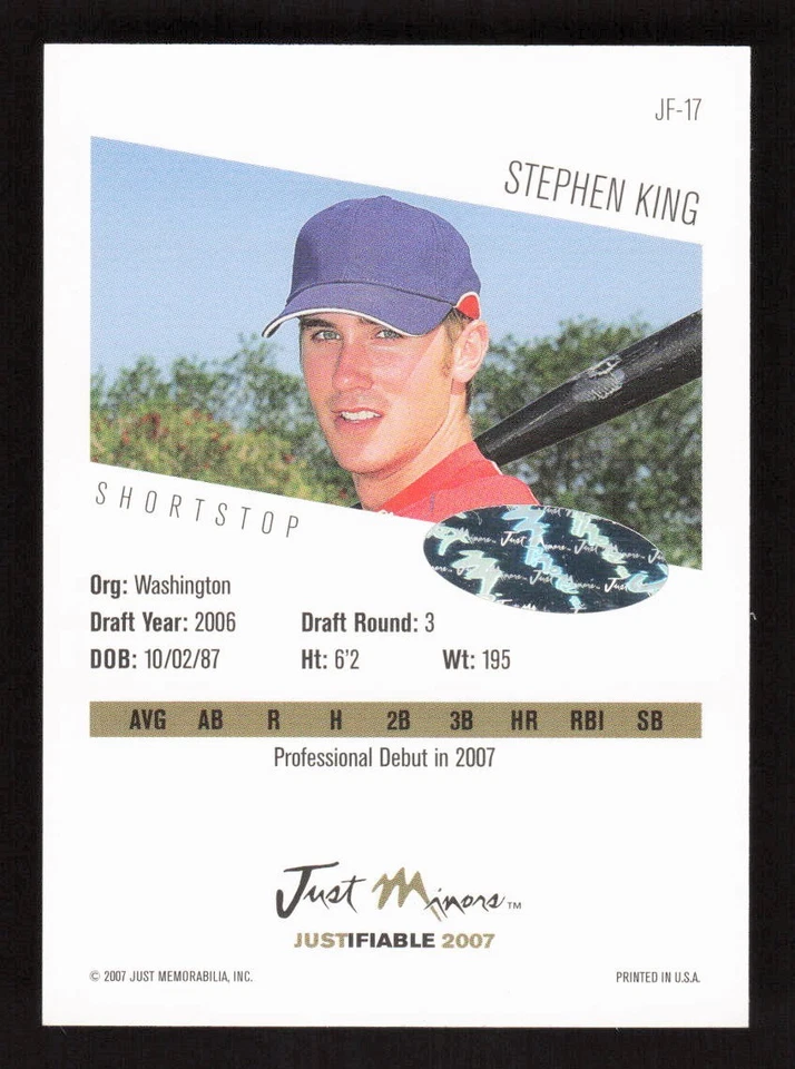 Stephen King 2007 Justifiable Autographs #JF-17 Washington Nationals Auto - Image 2 of 2