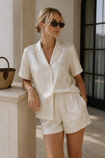 Vintage ISADORA 100 Silk Jacquard Matching Set Ivory Blouse Shorts M/L