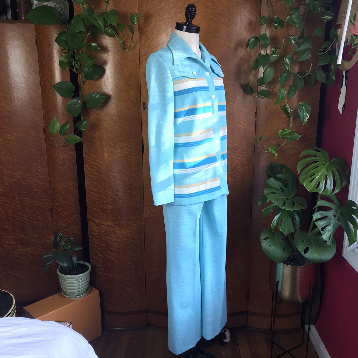 STRIPED 1970's 70s Vintage Blue Polyester Leisure Suit Pants