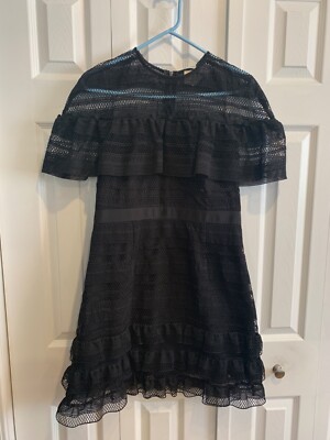 Mare Mare Anthropologie size M black lace & ruffle dress, illusion neckline