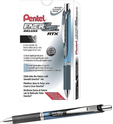 Pentel EnerGel RTX Retractable Gel Pens~Black Ink 0.7mm Box of 12 Metal Tip