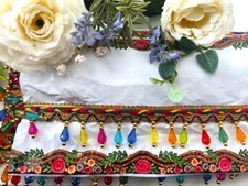 1 - 2 metre Multicolour Rainbow Pom Pom Tassel Trim Fringe lace Craft Ribbon