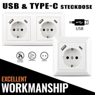 230 V Steckdose mit 2 x USB/TYP-C passend für Gira System 55 E2 Reinweiß Weiß