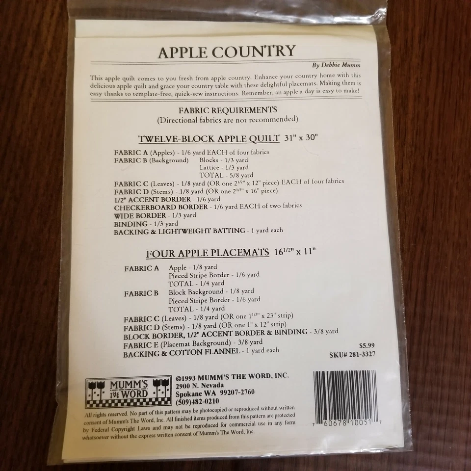 Debbie Mumm's The Word "Apple Country " Applique Quilt & Placemats Quilt Pattern - Image 3 of 4
