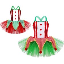 Kids Girls Christmas Elf Sequins Dance Leotard Tutu Mesh Dress Santa Costume