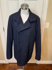 Ben Sherman Dark Navy Blue Herringbone Double Breasted Button-Up Coat Size M