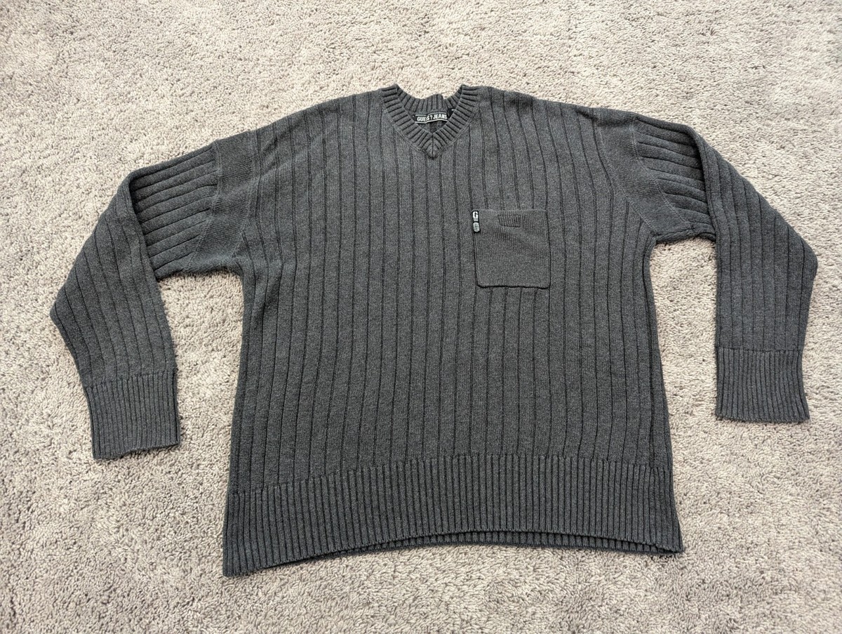 Vintage Guess Jeans Sweater Mens XL Pullover Ribbed Stretch Gray