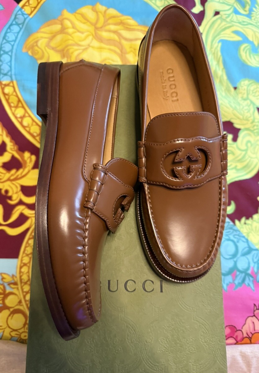 New Gucci Men's GG Logo Leather Moccasin Loafers Shoes Brown G 8