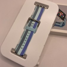 NEW Apple Watch Sport Band Nylon 42mm Blue Aqua Pewter Woven Stripe NIB