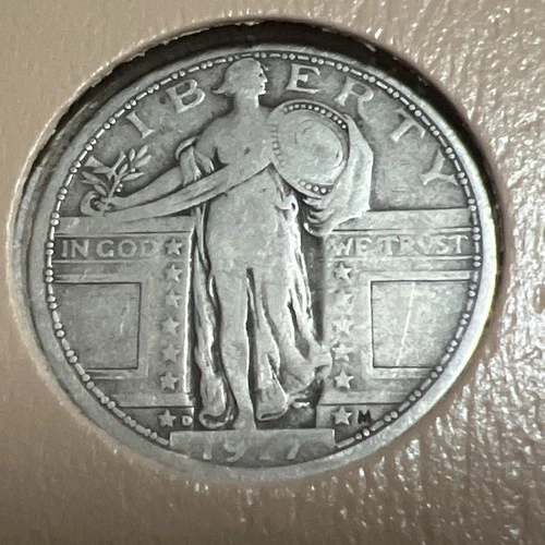 1917-D Variety 1 Standing Liberty Silver Quarter Dollar.  Free Shipping!